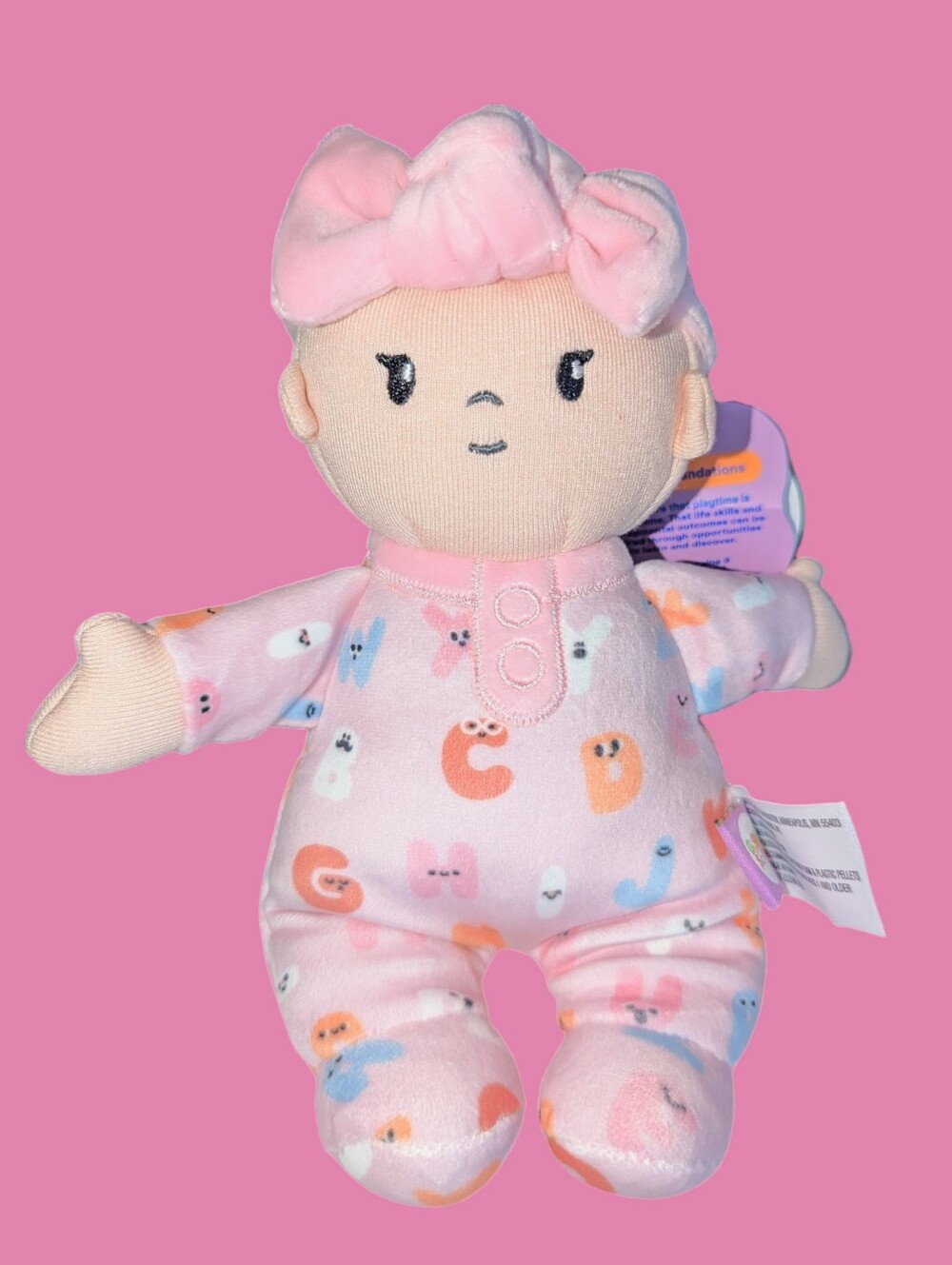Gigglescape Plush Baby Girl Toy Bow Doll Soft Lovey Pink Peach Alphabet Bodysuit